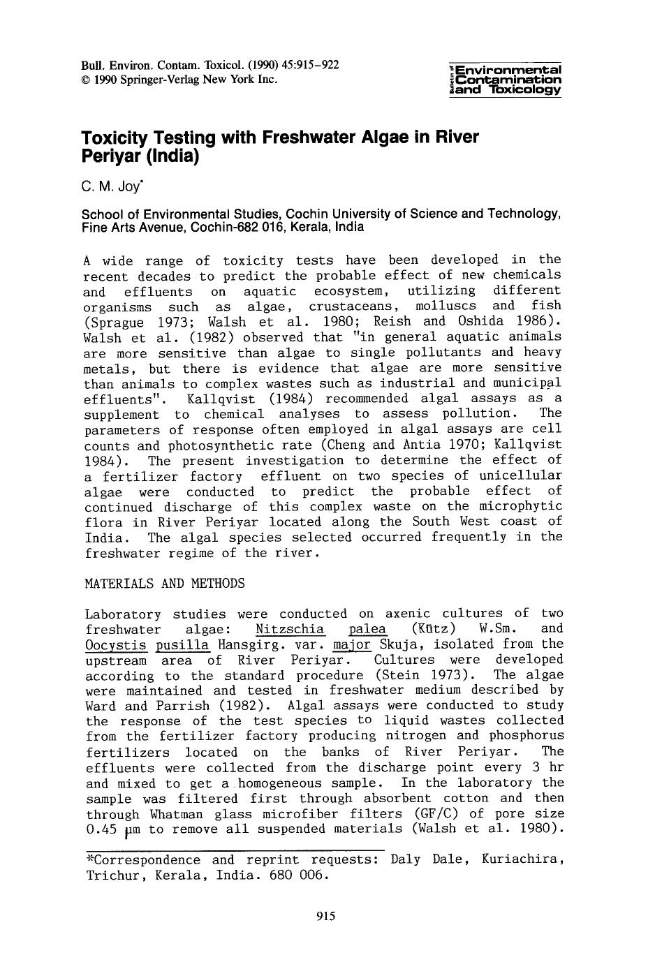 Toxicity testing with freshwater algae in River Periyar (India) by Unknown