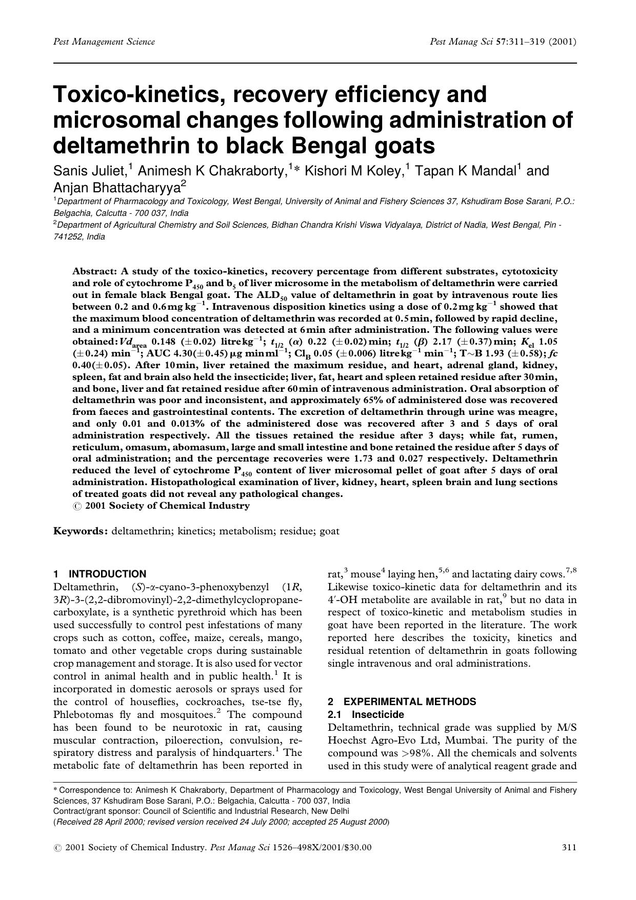 Toxico-kinetics, recovery efficiency and microsomal changes following administration of deltamethrin to black Bengal goats by Unknown