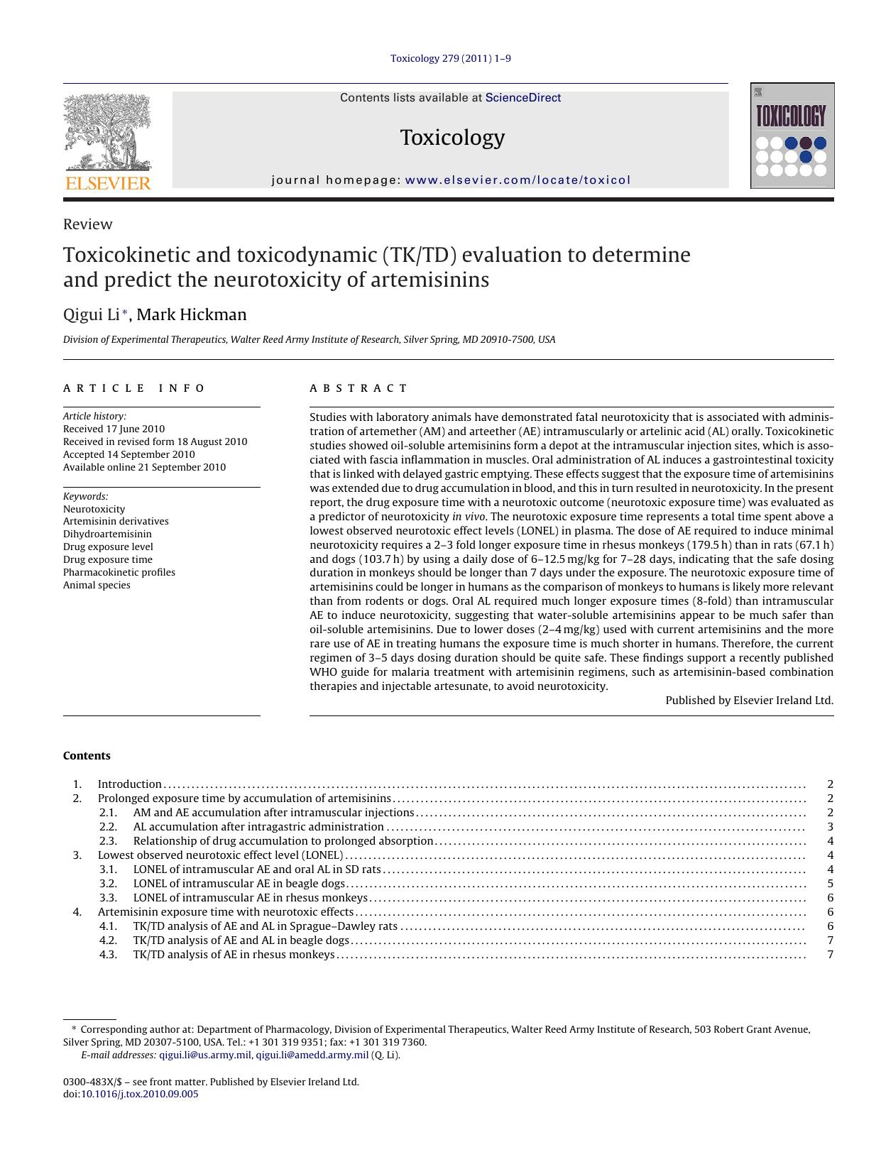 Toxicokinetic and toxicodynamic (TKTD) evaluation to determine and predict the neurotoxicity of artemisinins by Qigui Li