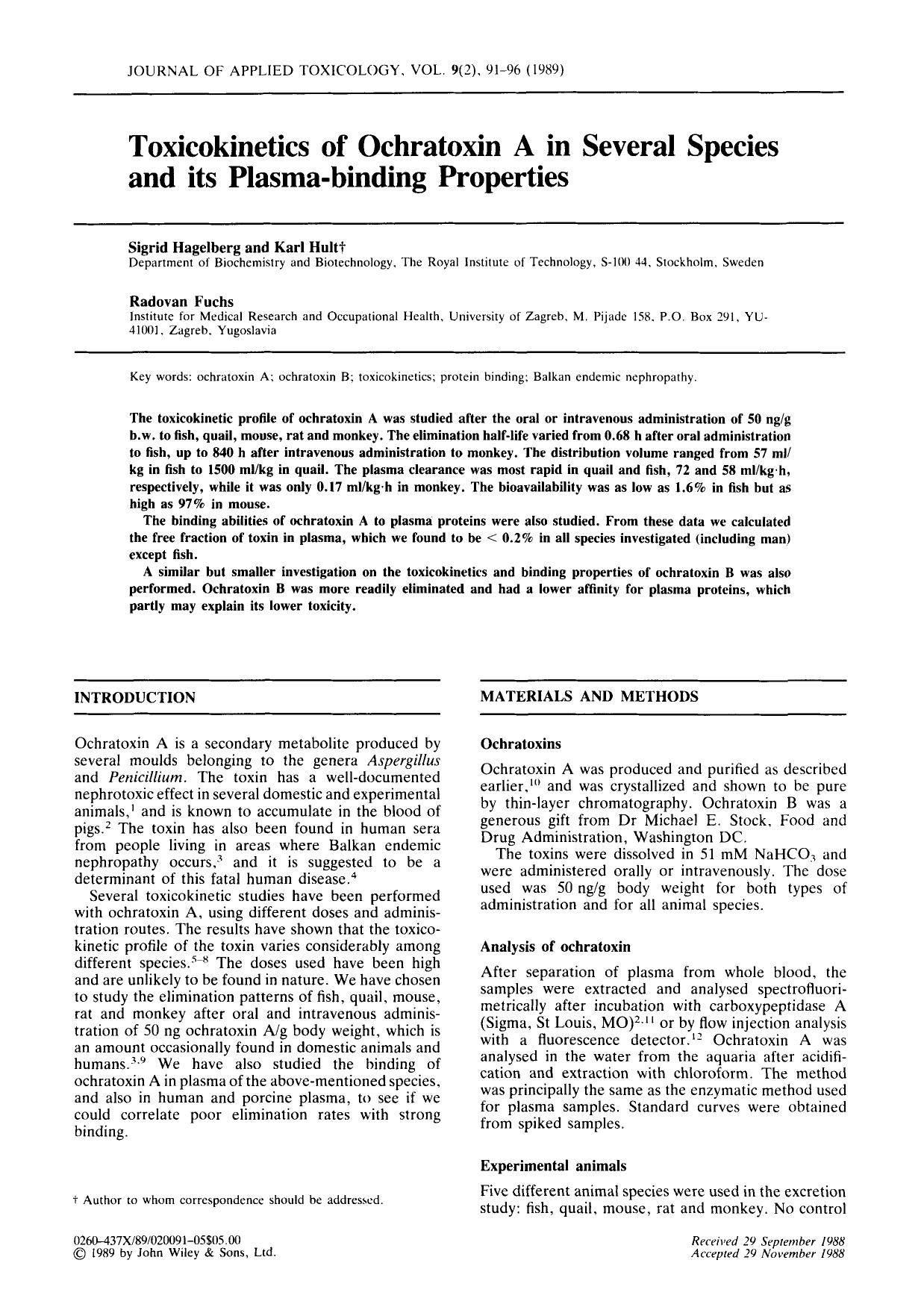 Toxicokinetics of ochratoxin A in several species and its plasma-binding properties by Unknown