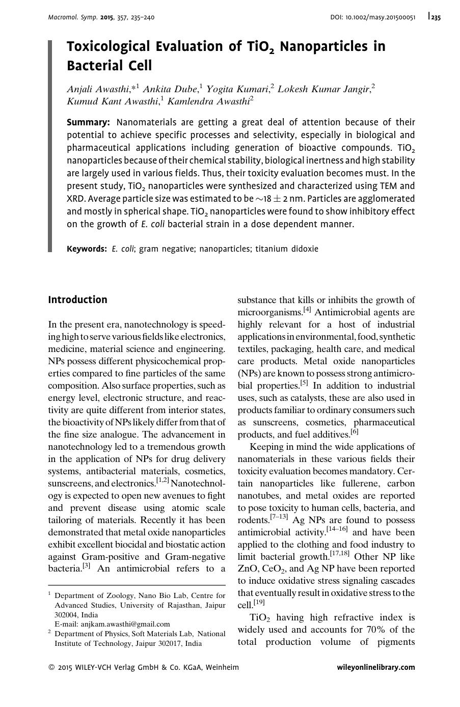 Toxicological Evaluation of TiO2 Nanoparticles in Bacterial Cell by Unknown