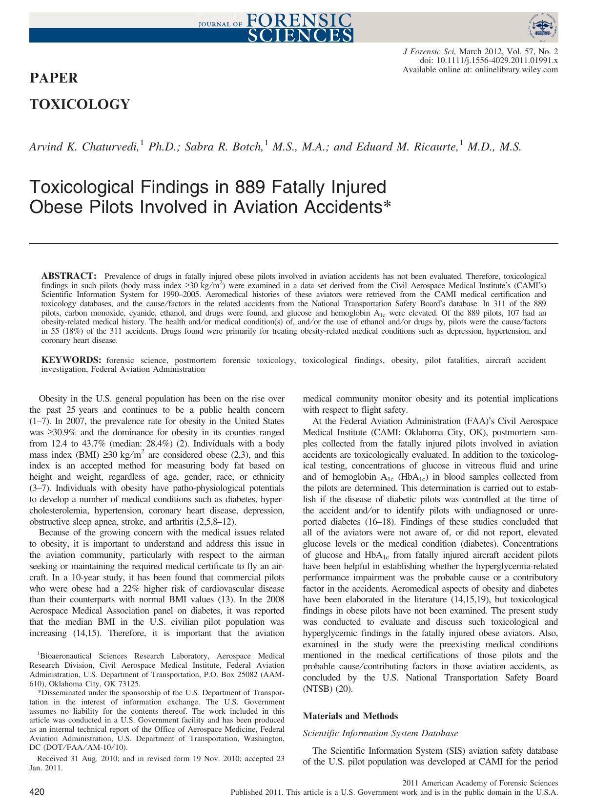 Toxicological Findings in 889 Fatally Injured Obese Pilots Involved in Aviation Accidents by Unknown