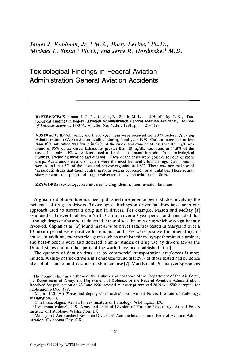 Toxicological Findings in Federal Aviation Administration General Aviation Accidents by Kuhlman JJ Jr Levine B Smith ML Hordinsky JR