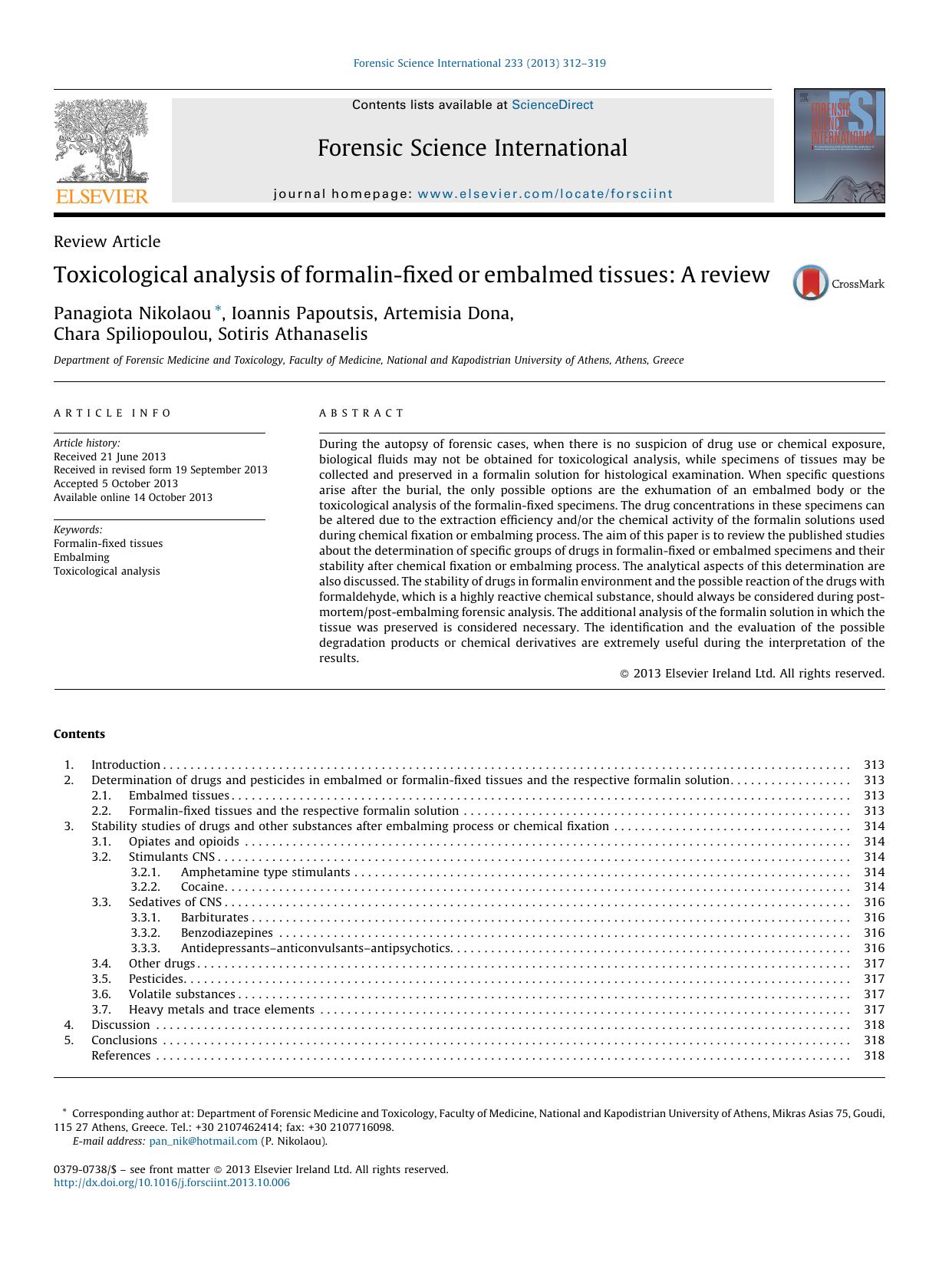 Toxicological analysis of formalin-fixed or embalmed tissues: A review by Panagiota Nikolaou & Ioannis Papoutsis & Artemisia Dona & Chara Spiliopoulou & Sotiris Athanaselis