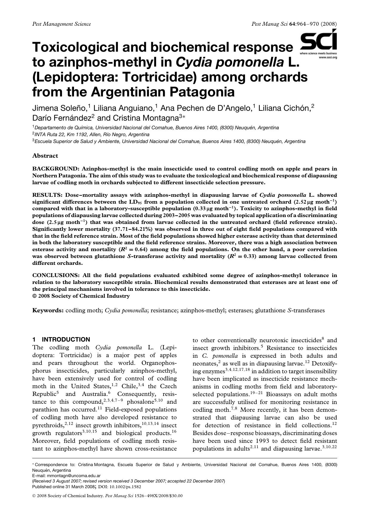 Toxicological and biochemical response to azinphos-methyl in Cydia pomonella L. (Lepidoptera: Tortricidae) among orchards from the Argentinian Patagonia by Unknown