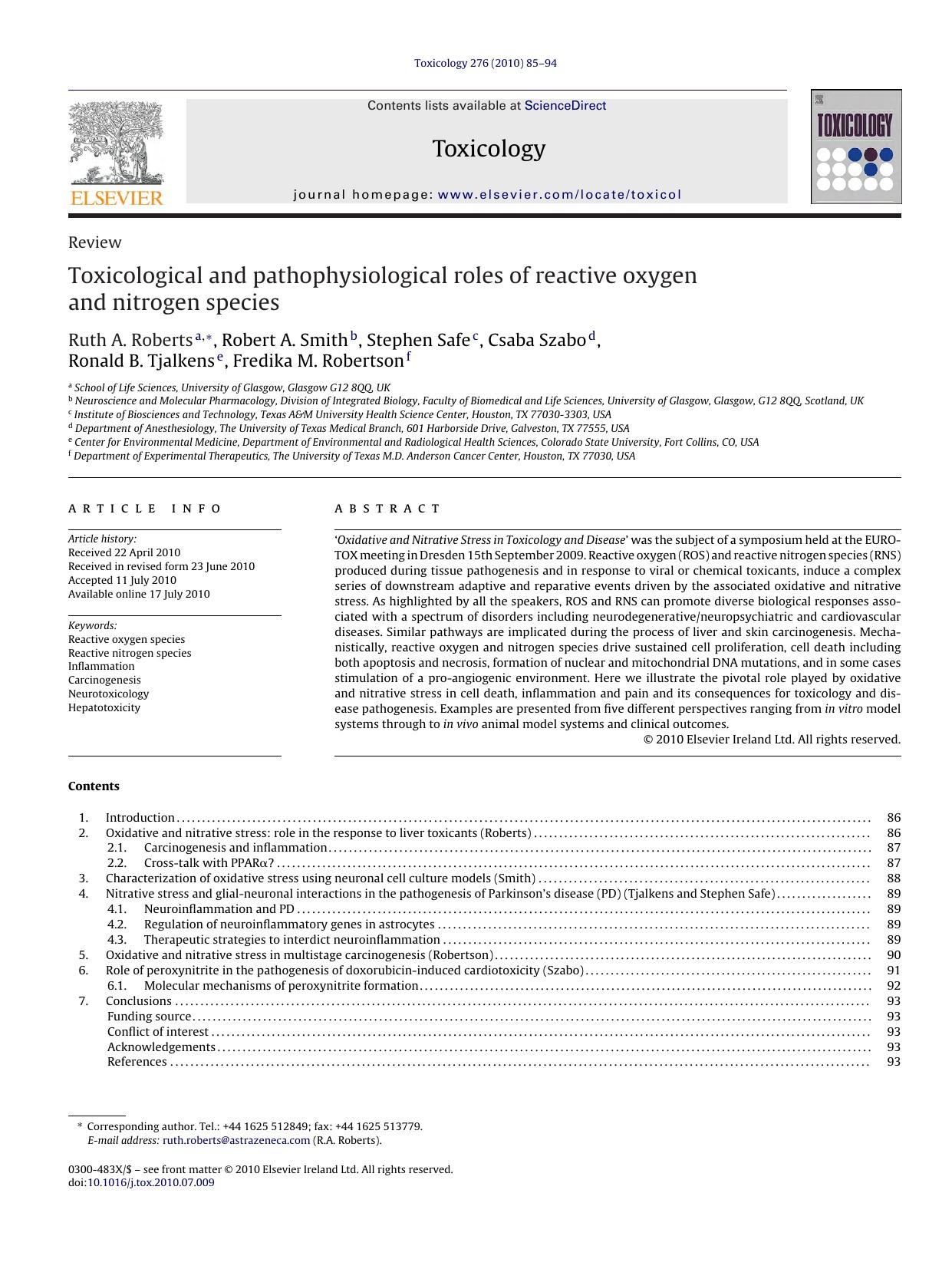Toxicological and pathophysiological roles of reactive oxygen and nitrogen species by Ruth A. Roberts