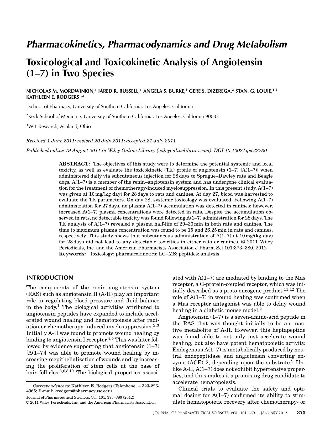 Toxicological and toxicokinetic analysis of angiotensin (17) in two species by Unknown