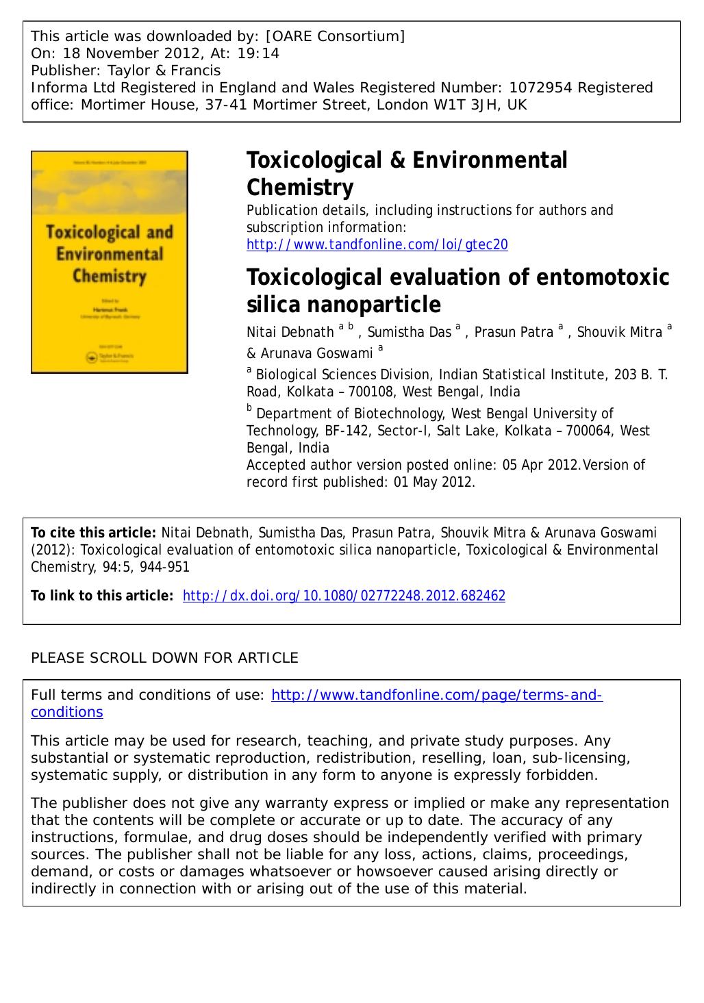 Toxicological evaluation of entomotoxic silica nanoparticle by Nitai Debnath Sumistha Das Prasun Patra Shouvik Mitra & Arunava Goswami