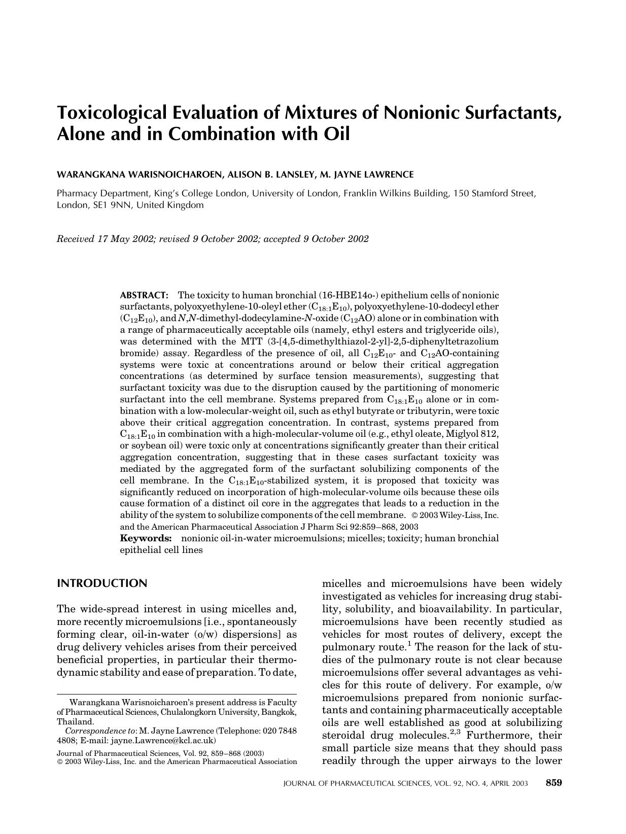 Toxicological evaluation of mixtures of nonionic surfactants, alone and in combination with oil by Unknown