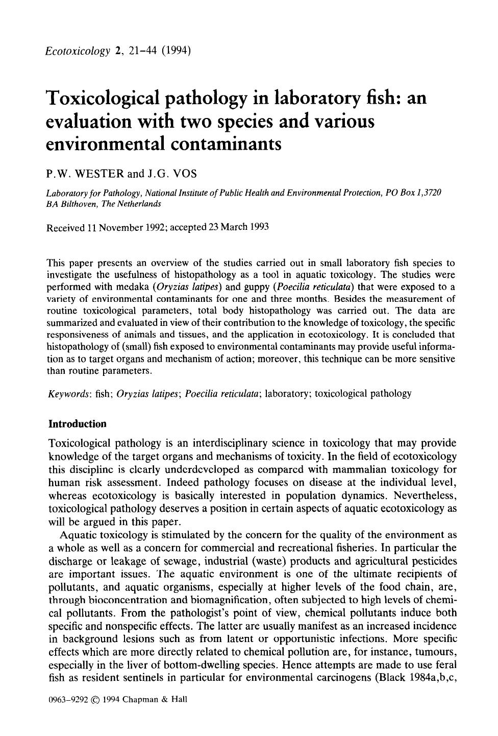 Toxicological pathology in laboratory fish: an evaluation with two species and various environmental contaminants by Unknown