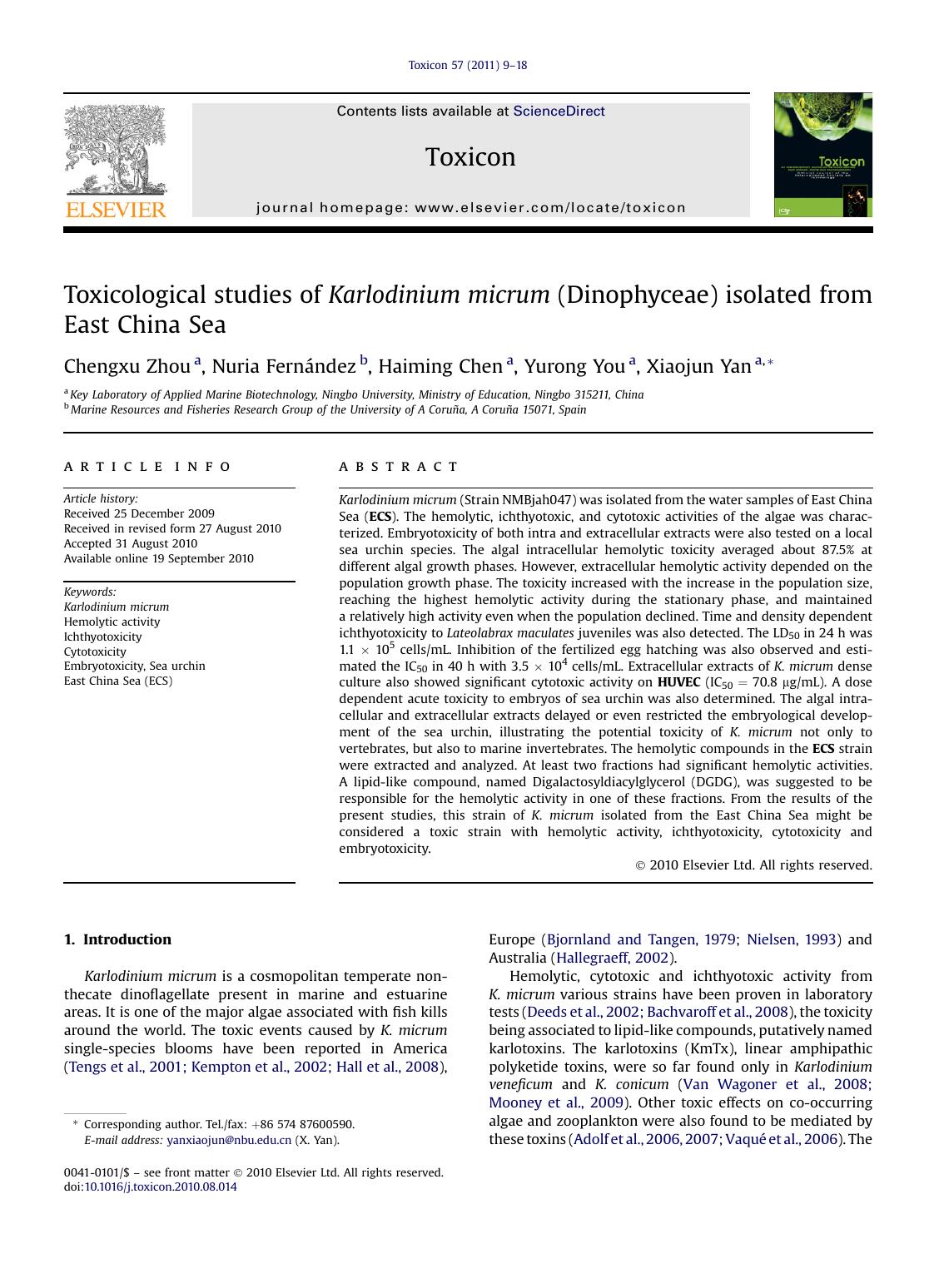 Toxicological studies of Karlodinium micrum (Dinophyceae) isolated from East China Sea by Chengxu Zhou & Nuria Fernández & Haiming Chen & Yurong You & Xiaojun Yan