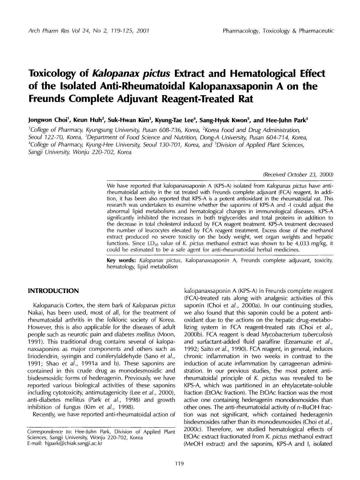 Toxicology of <Emphasis Type="Italic">Kalopanax pictus <Emphasis> extract and hematological effect of the isolated anti-rheumatoidal kalopanaxsaponin a on the freunds complete adju by Unknown