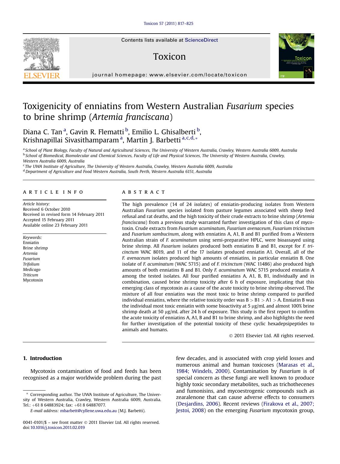 Toxigenicity of enniatins from Western Australian Fusarium species to brine shrimp (Artemia franciscana) by unknow