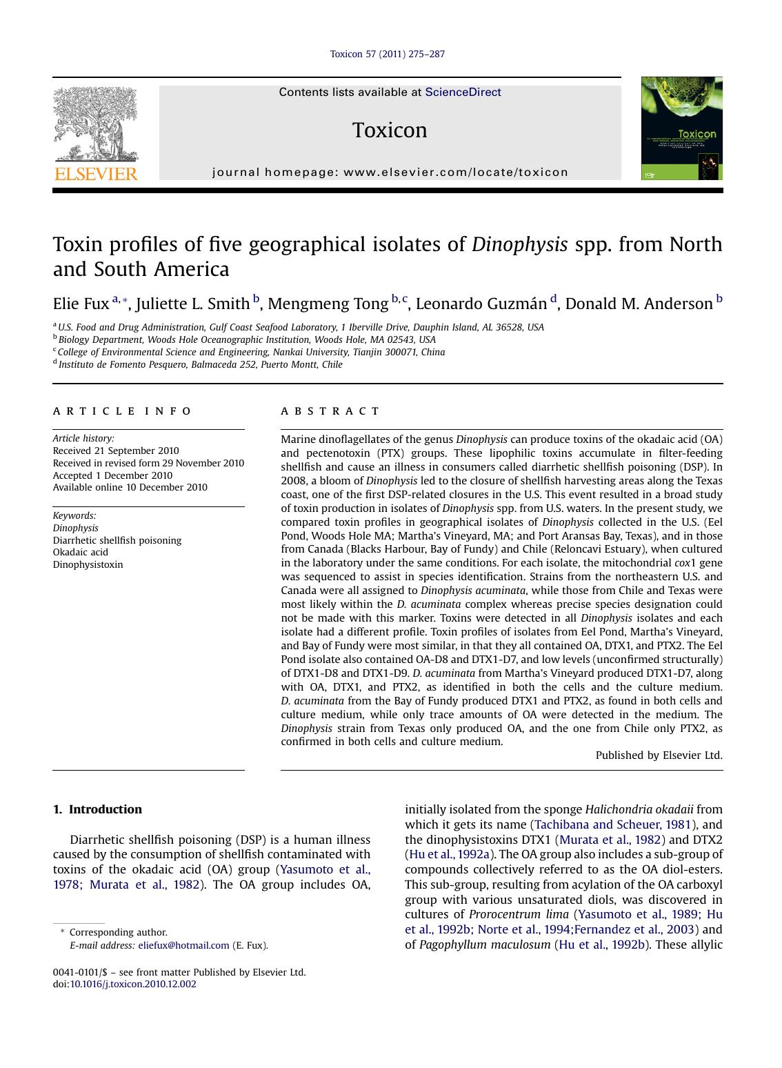 Toxin profiles of five geographical isolates of Dinophysis spp. from North and South America by Elie Fux & Juliette L. Smith & Mengmeng Tong & Leonardo Guzmán & Donald M. Anderson