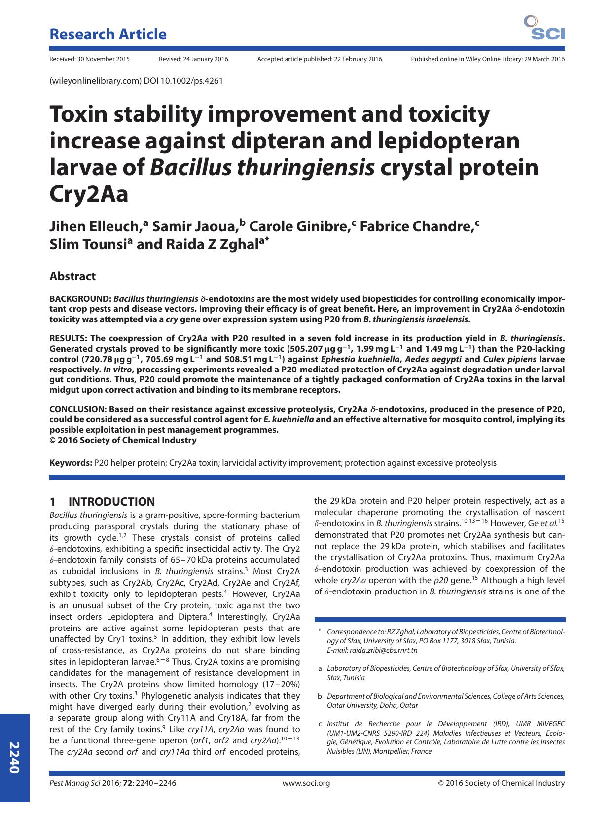 Toxin stability improvement and toxicity increase against dipteran and lepidopteran larvae of Bacillus thuringiensis crystal protein Cry2Aa by Unknown