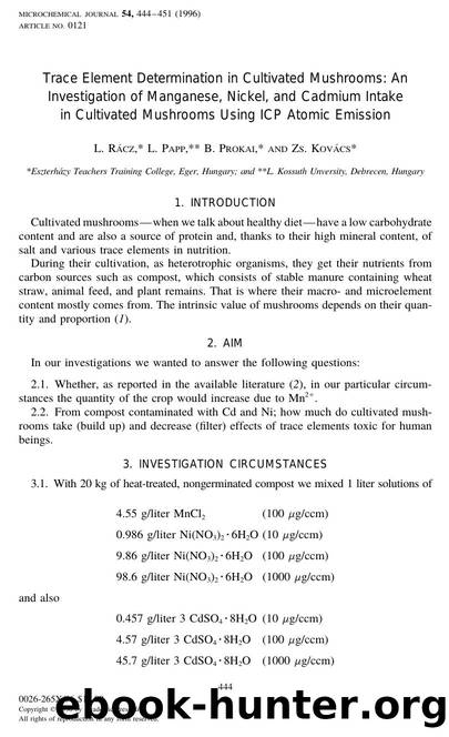 Trace Element Determination in Cultivated Mushrooms: An Investigation of Manganese, Nickel, and Cadmium Intake in Cultivated Mushrooms Using ICP Atomic Emission by Racz L. et al