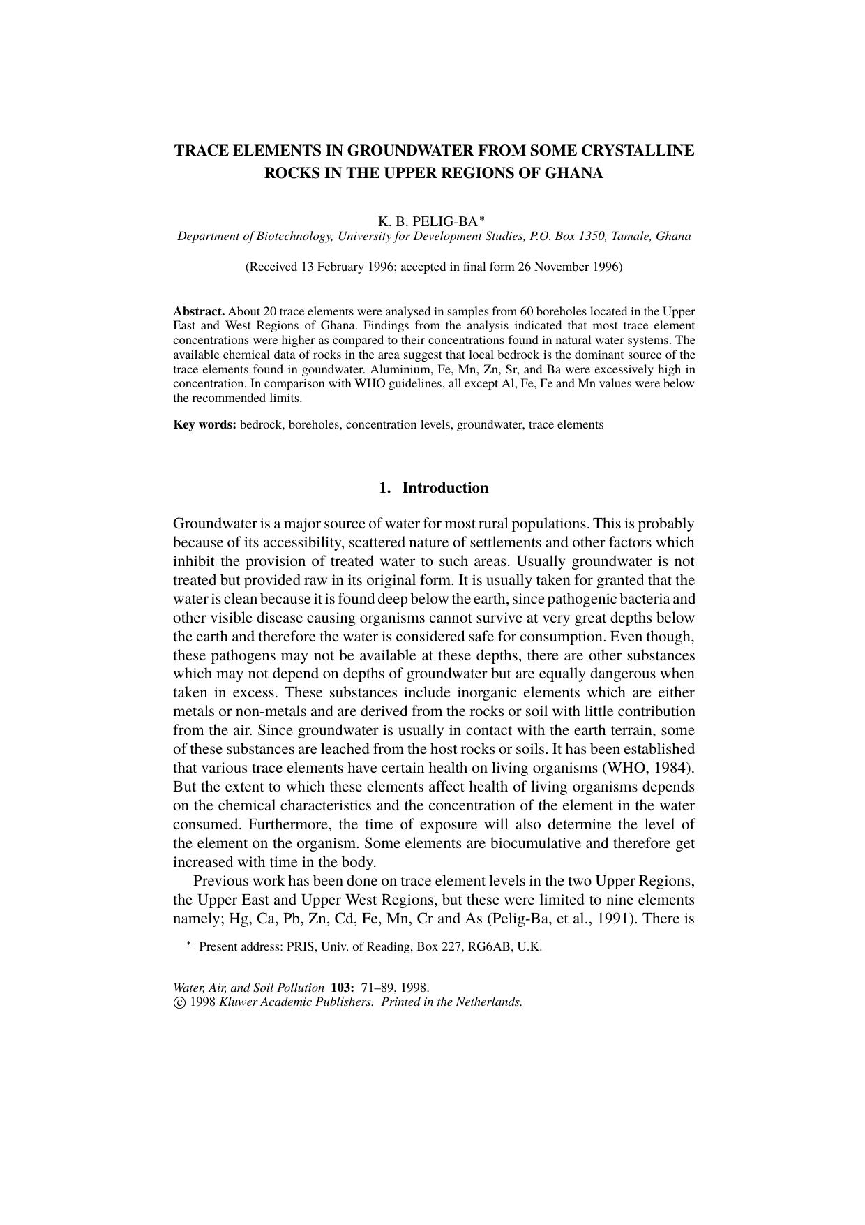 Trace Elements in Groundwater from Some Crystalline Rocks in the Upper Regions of Ghana by Unknown