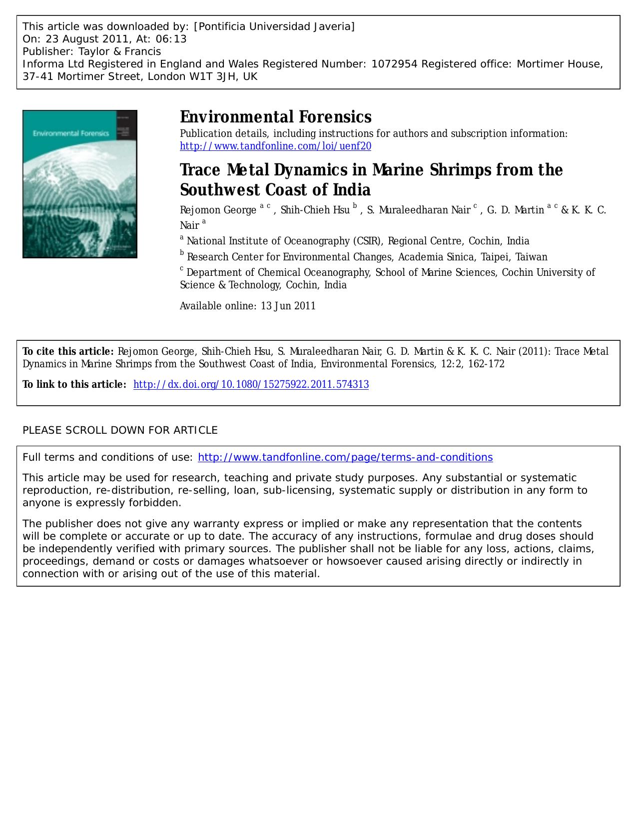 Trace Metal Dynamics in Marine Shrimps from the Southwest Coast of India by unknow