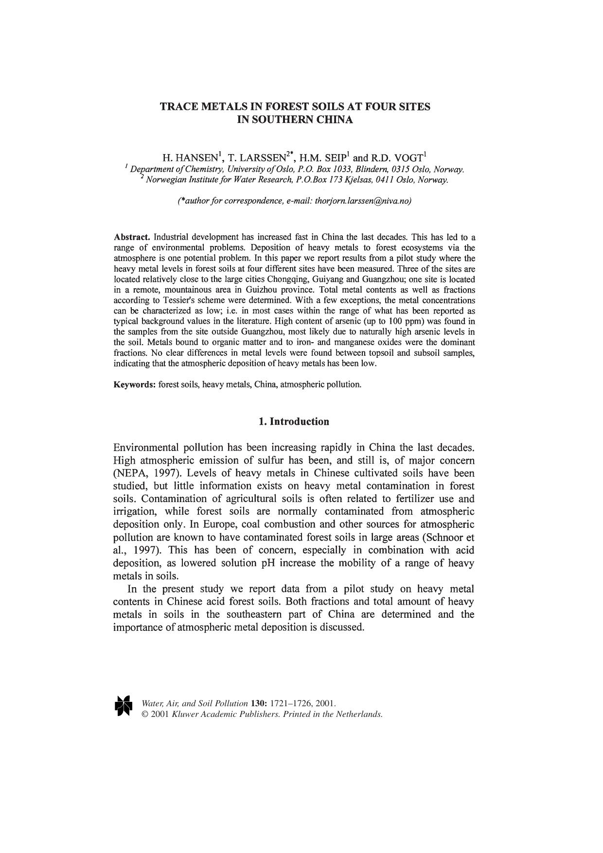 Trace Metals in Forest Soils at Four Sites in Southern China by Unknown