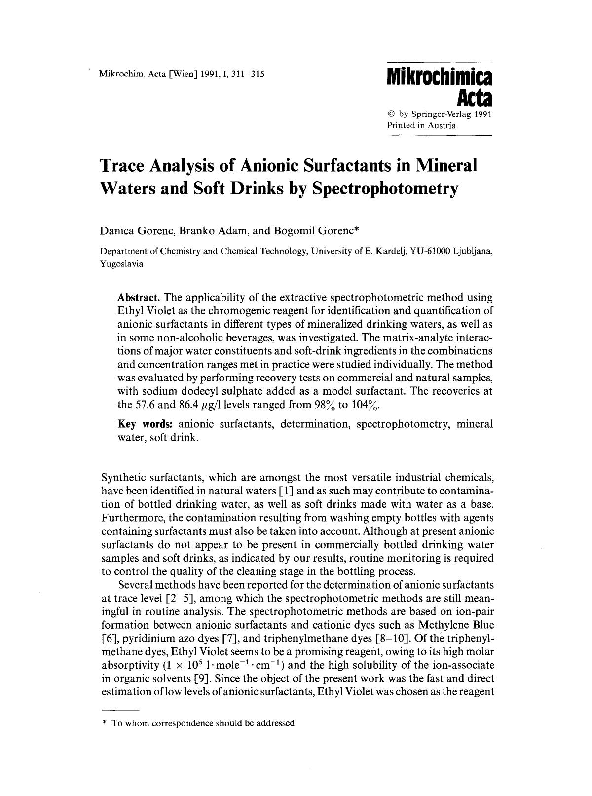 Trace analysis of anionic surfactants in mineral waters and soft drinks by spectrophotometry by Unknown