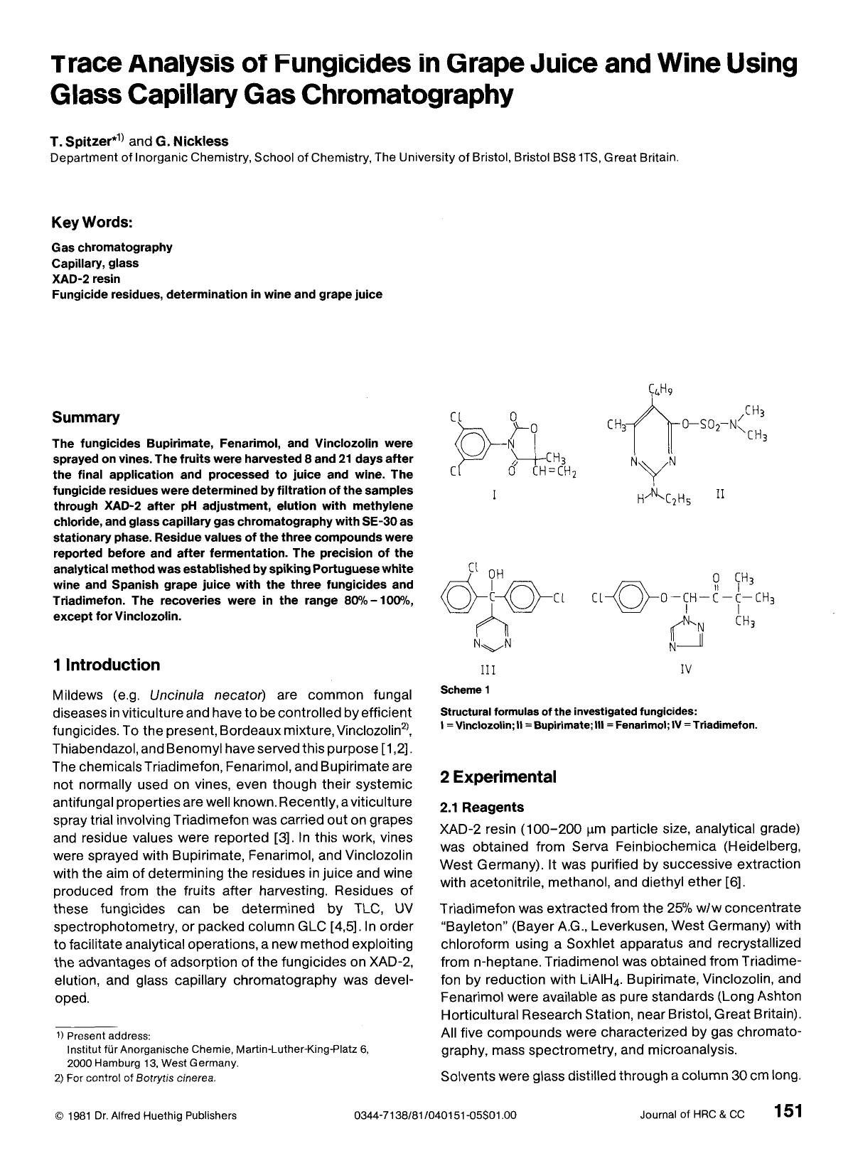 Trace analysis of fungicides in grape juice and wine using glass capillary gas chromatography by Unknown