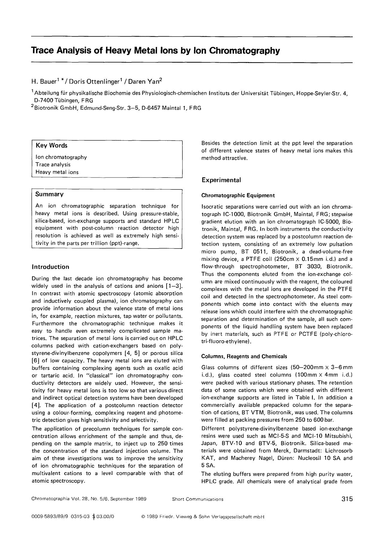 Trace analysis of heavy metal ions by ion chromatography by Unknown