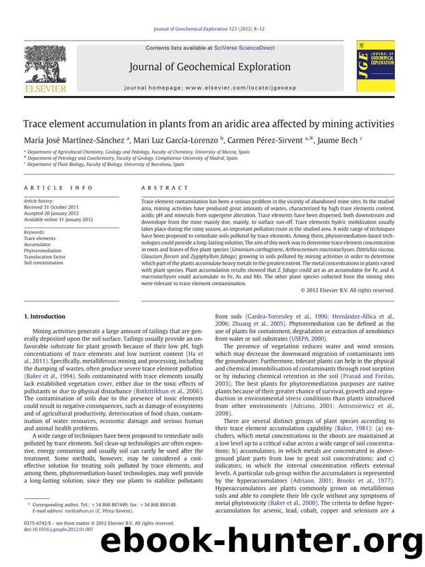 Trace element accumulation in plants from an aridic area affected by mining activities by María José Martínez-Sánchez & Mari Luz García-Lorenzo & Carmen Pérez-Sirvent & Jaume Bech