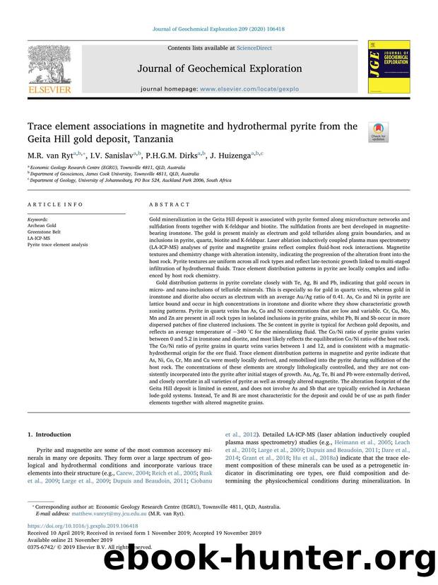 Trace element associations in magnetite and hydrothermal pyrite from the Geita Hill gold deposit, Tanzania by M.R. van Ryt & I.V. Sanislav & P.H.G.M. Dirks & J. Huizenga