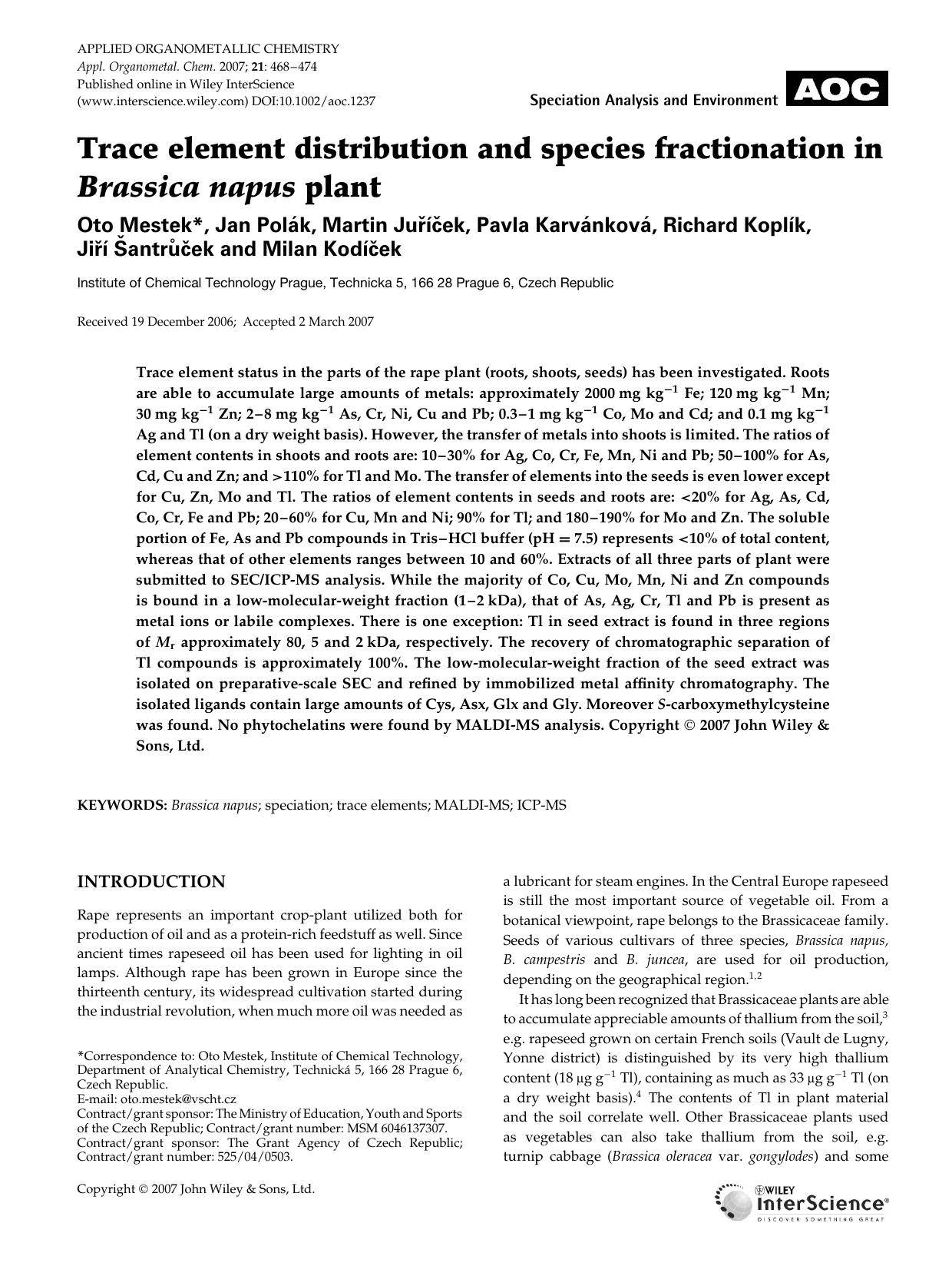 Trace element distribution and species fractionation in Brassica napus plant by Unknown