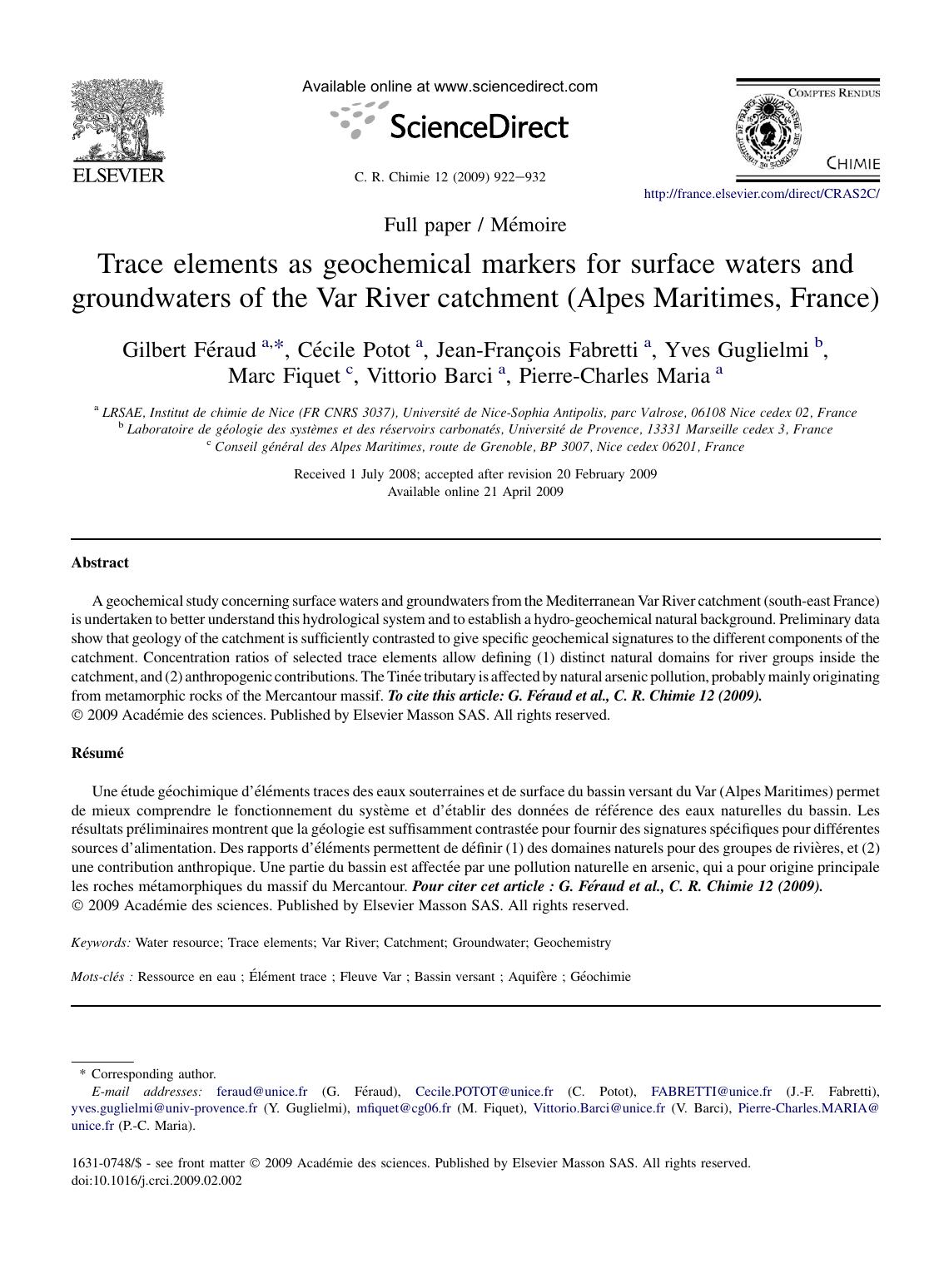 Trace elements as geochemical markers for surface waters and groundwaters of the Var River catchment (Alpes Maritimes, France) by unknow