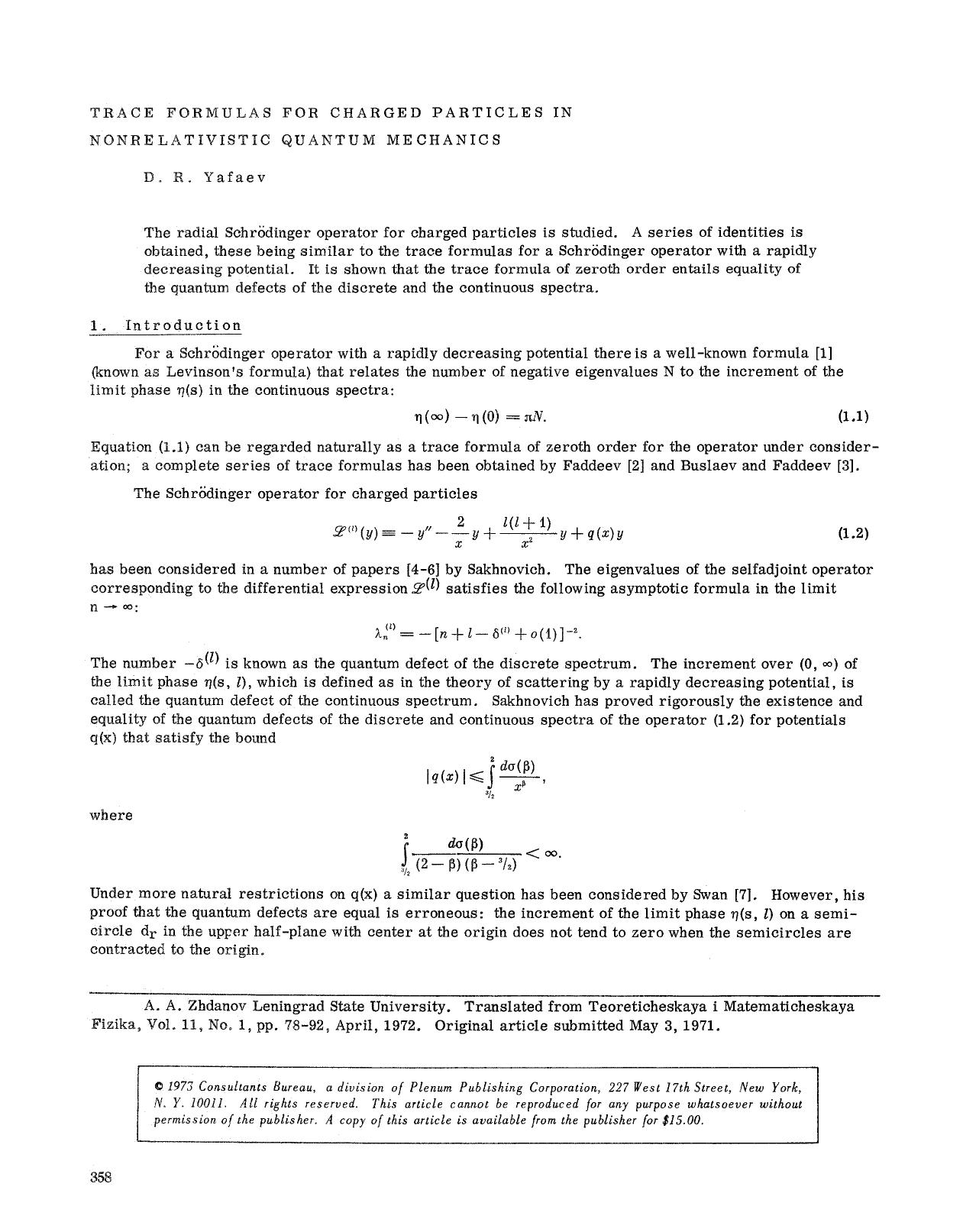 Trace formulas for charged particles in nonrelativistic quantum mechanics by Unknown