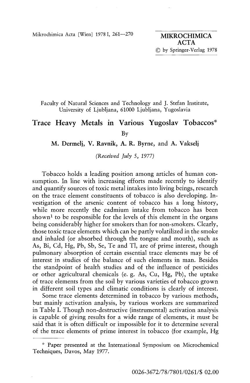 Trace heavy metals in various Yugoslav tobaccos by Unknown