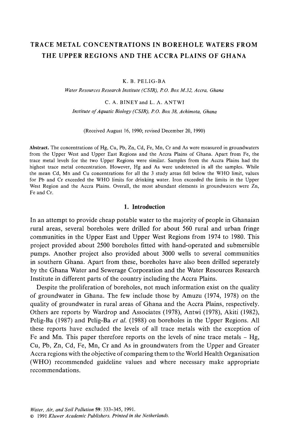Trace metal concentrations in borehole waters from the Upper Regions and the Accra Plains of Ghana by Unknown