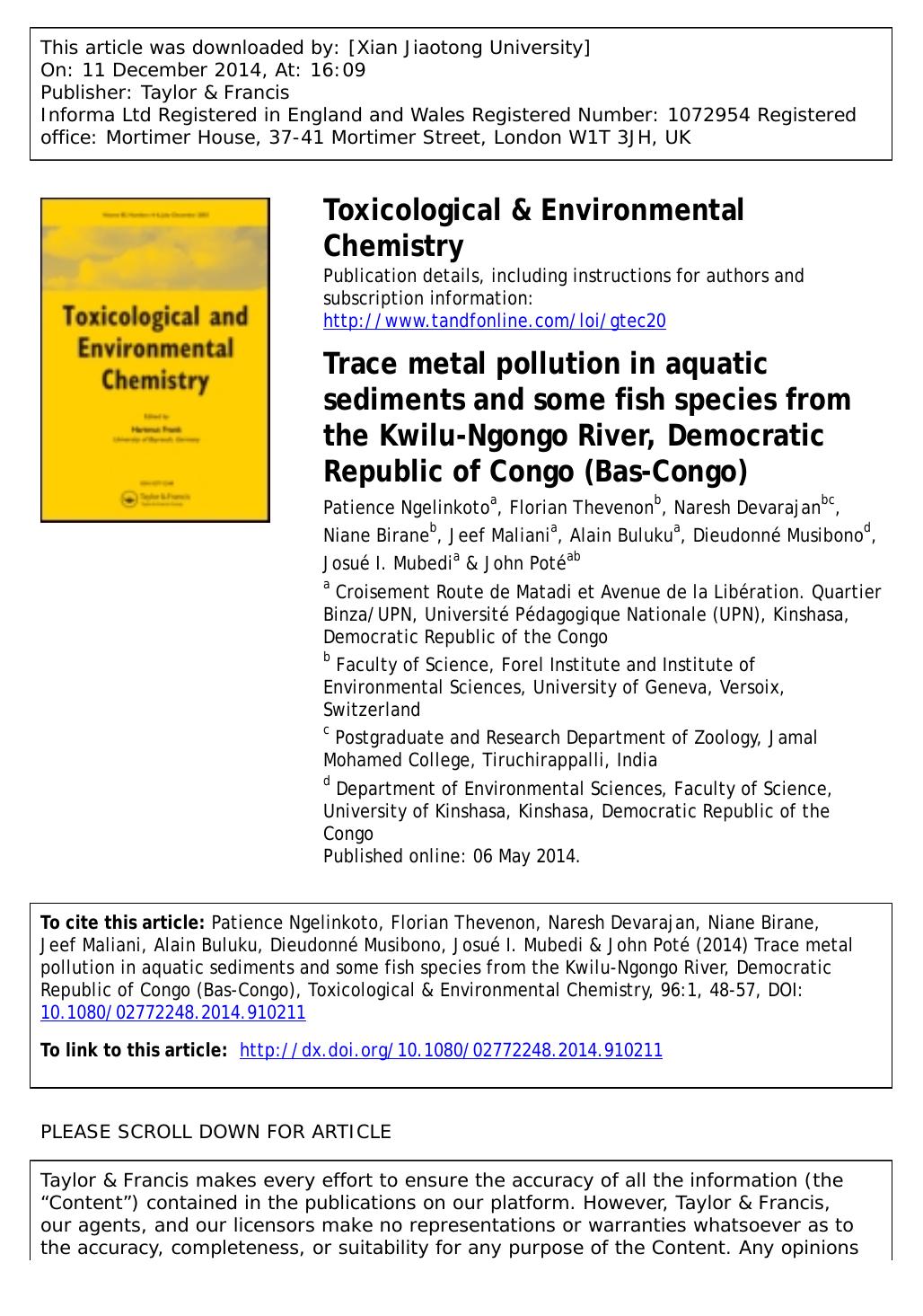 Trace metal pollution in aquatic sediments and some fish species from the Kwilu-Ngongo River, Democratic Republic of Congo \(Bas-Congo\) by Patience Ngelinkoto