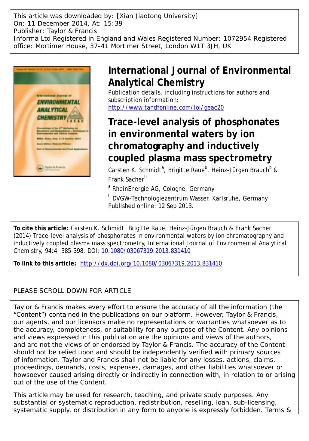 Trace-level analysis of phosphonates in environmental waters by ion chromatography and inductively coupled plasma mass spectrometry by Carsten K. Schmidt