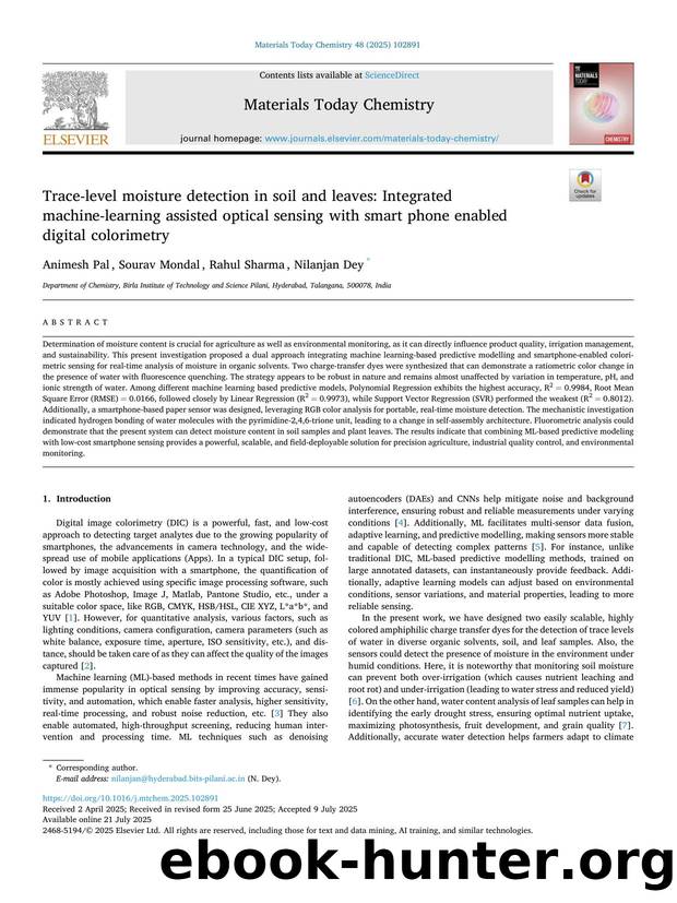 Trace-level moisture detection in soil and leaves: Integrated machine-learning assisted optical sensing with smart phone enabled digital colorimetry by Animesh Pal & Sourav Mondal & Rahul Sharma & Nilanjan Dey