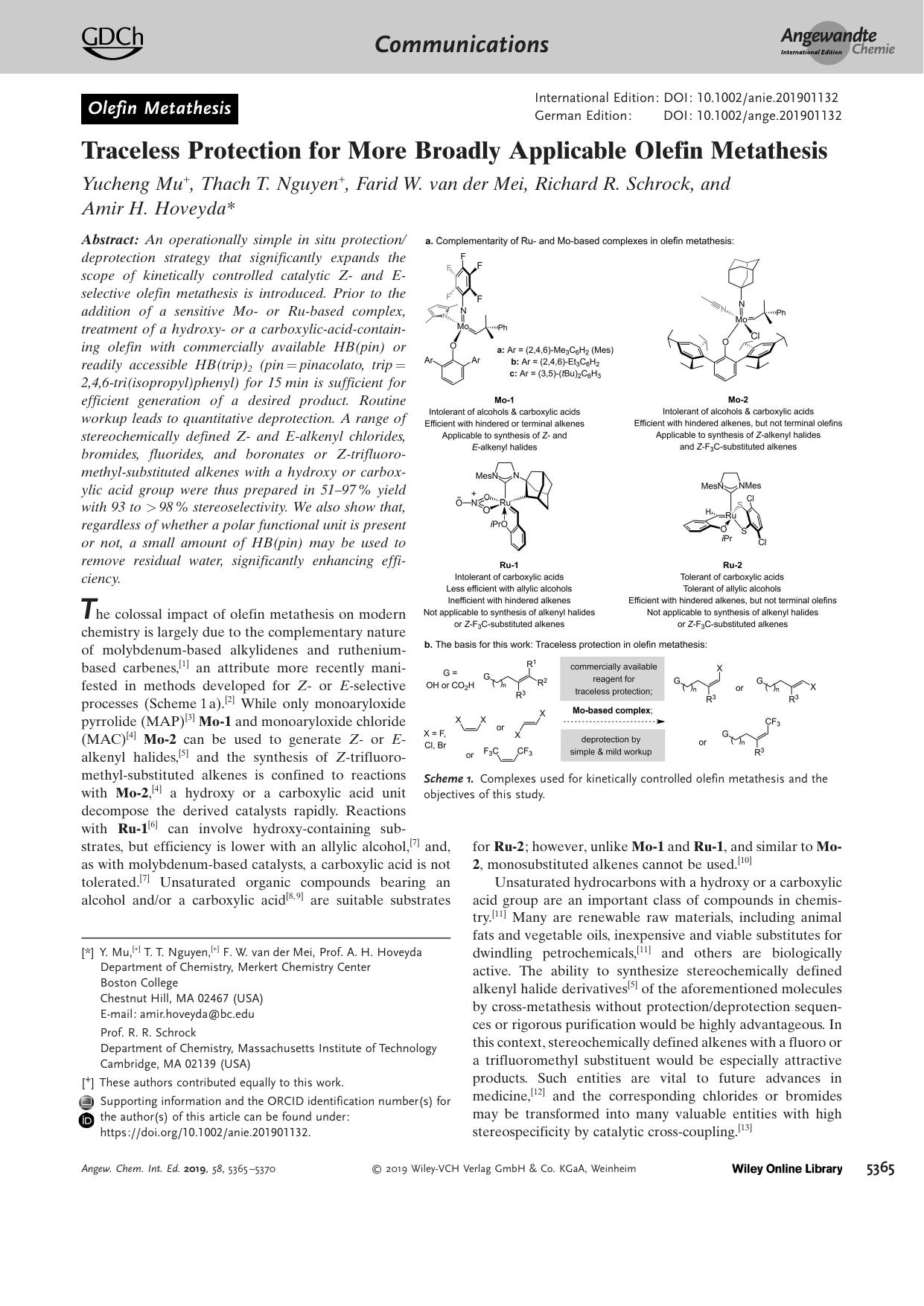 Traceless Protection for More Broadly Applicable Olefin Metathesis by Unknown