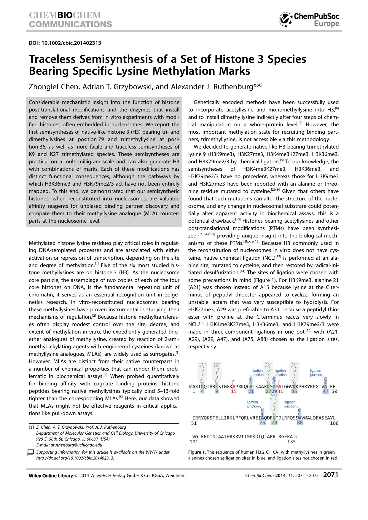 Traceless Semisynthesis of a Set of Histone 3 Species Bearing Specific Lysine Methylation Marks by Unknown