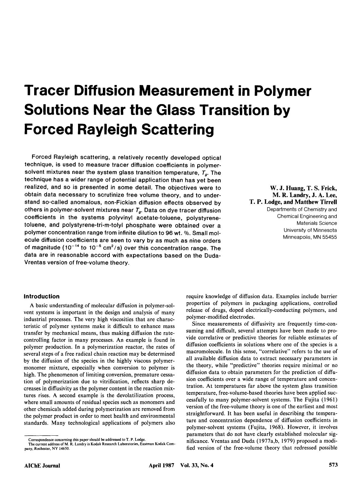 Tracer diffusion measurement in polymer solutions near the glass transition by forced rayleigh scattering by Unknown