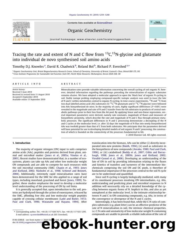 Tracing the rate and extent of N and C flow from 13C,15N-glycine and glutamate into individual de novo synthesised soil amino acids by Timothy D.J. Knowles & David R. Chadwick & Roland Bol & Richard P. Evershed