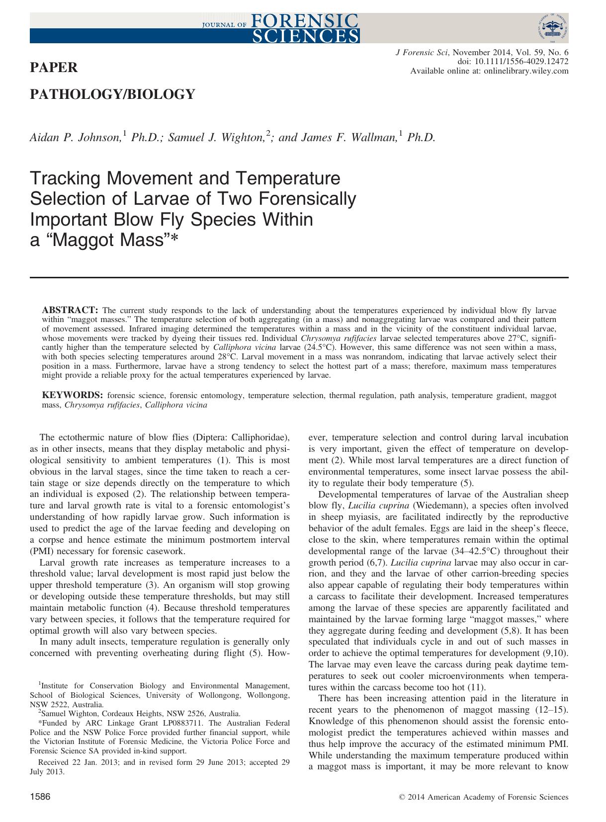 Tracking Movement and Temperature Selection of Larvae of Two Forensically Important Blow Fly Species Within a “Maggot Mass” by Unknown