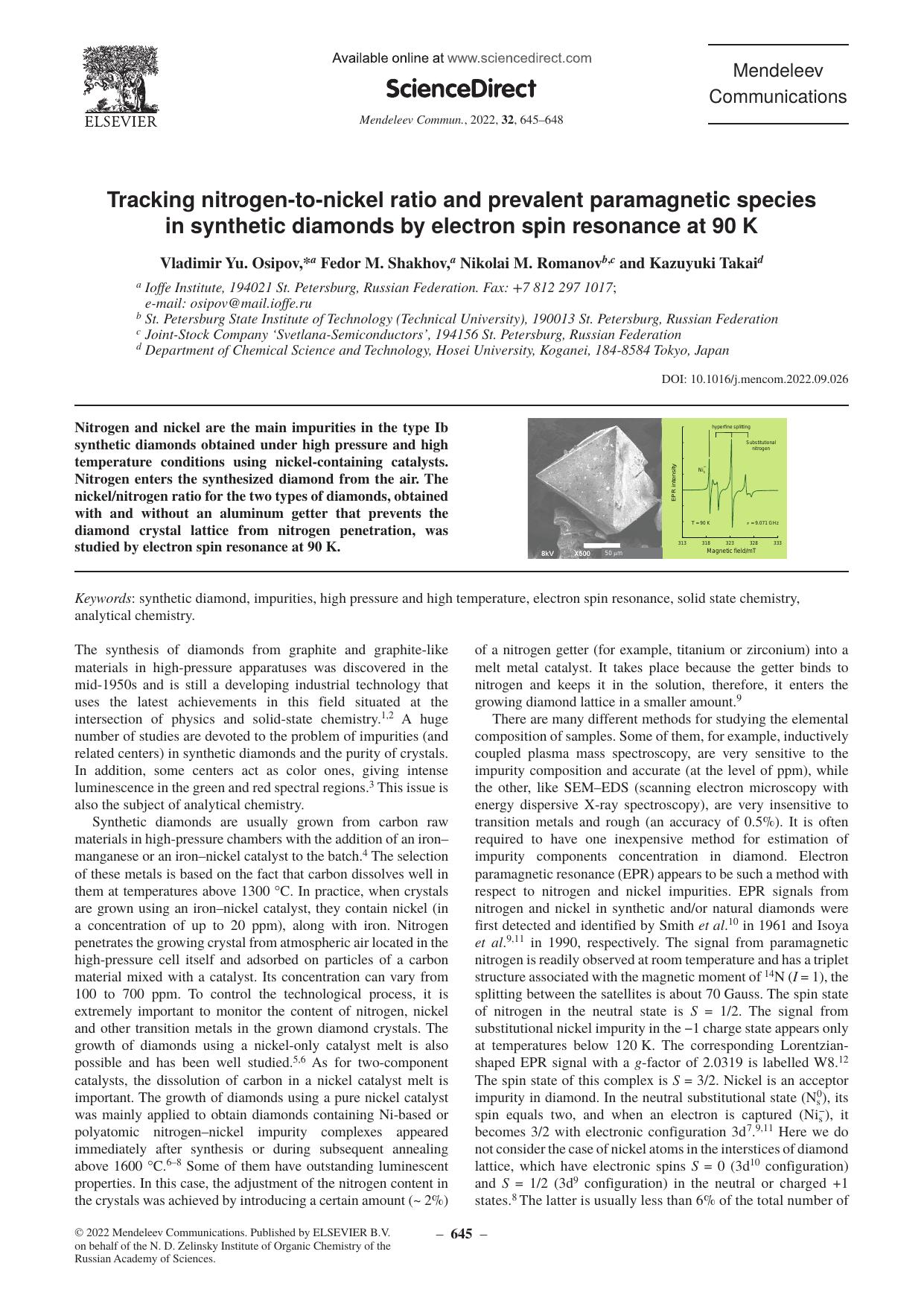 Tracking nitrogen-to-nickel ratio and prevalent paramagnetic species in synthetic diamonds by electron spin resonance at 90 K by Vladimir Yu. Osipov & Fedor M. Shakhov & Nikolai M. Romanov & Kazuyuki Takai