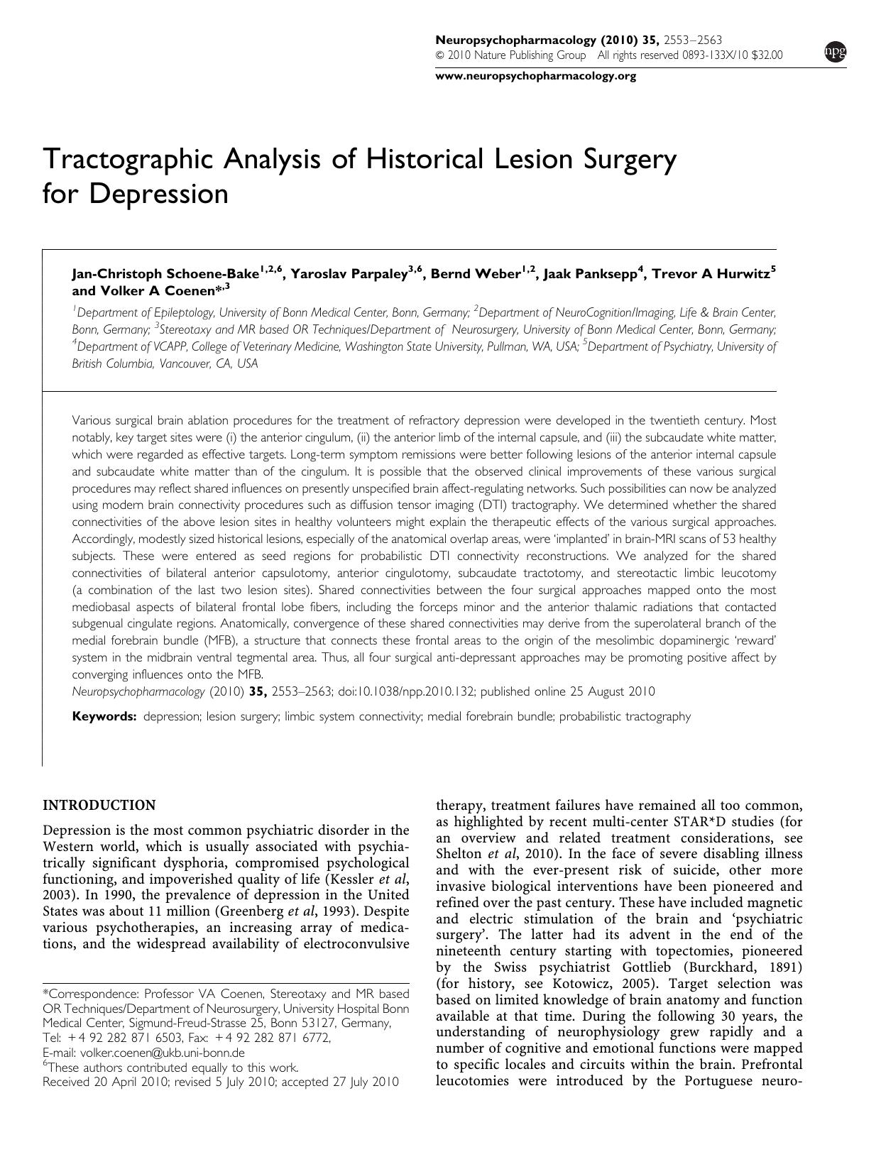 Tractographic Analysis of Historical Lesion Surgery for Depression by unknow