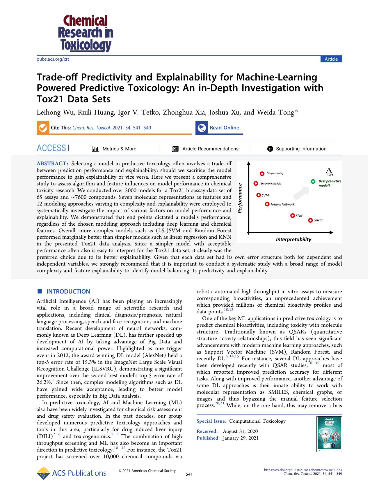 Trade-off Predictivity and Explainability for Machine-Learning Powered Predictive Toxicology: An in-Depth Investigation with Tox21 Data Sets by Leihong Wu Ruili Huang Igor V. Tetko Zhonghua Xia Joshua Xu and Weida Tong
