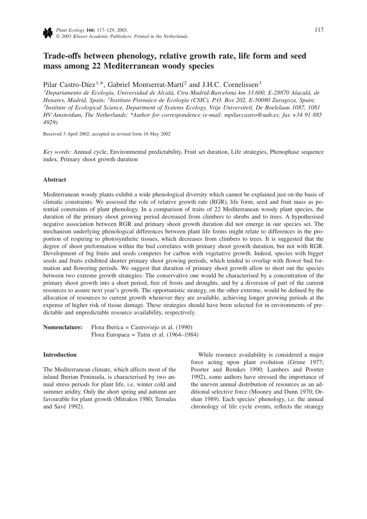 Trade-offs between phenology, relative growth rate, life form and seed mass among 22 Mediterranean woody species by Unknown