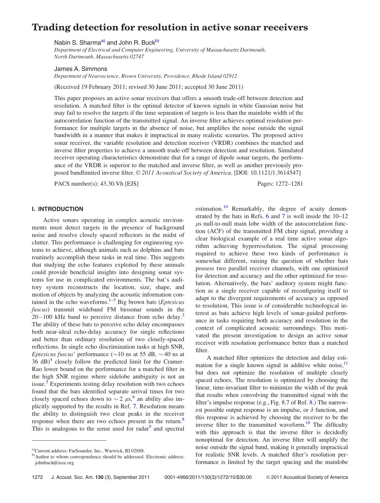 Trading detection for resolution in active sonar receivers by Nabin S. Sharma John R. Buck and James A. Simmons