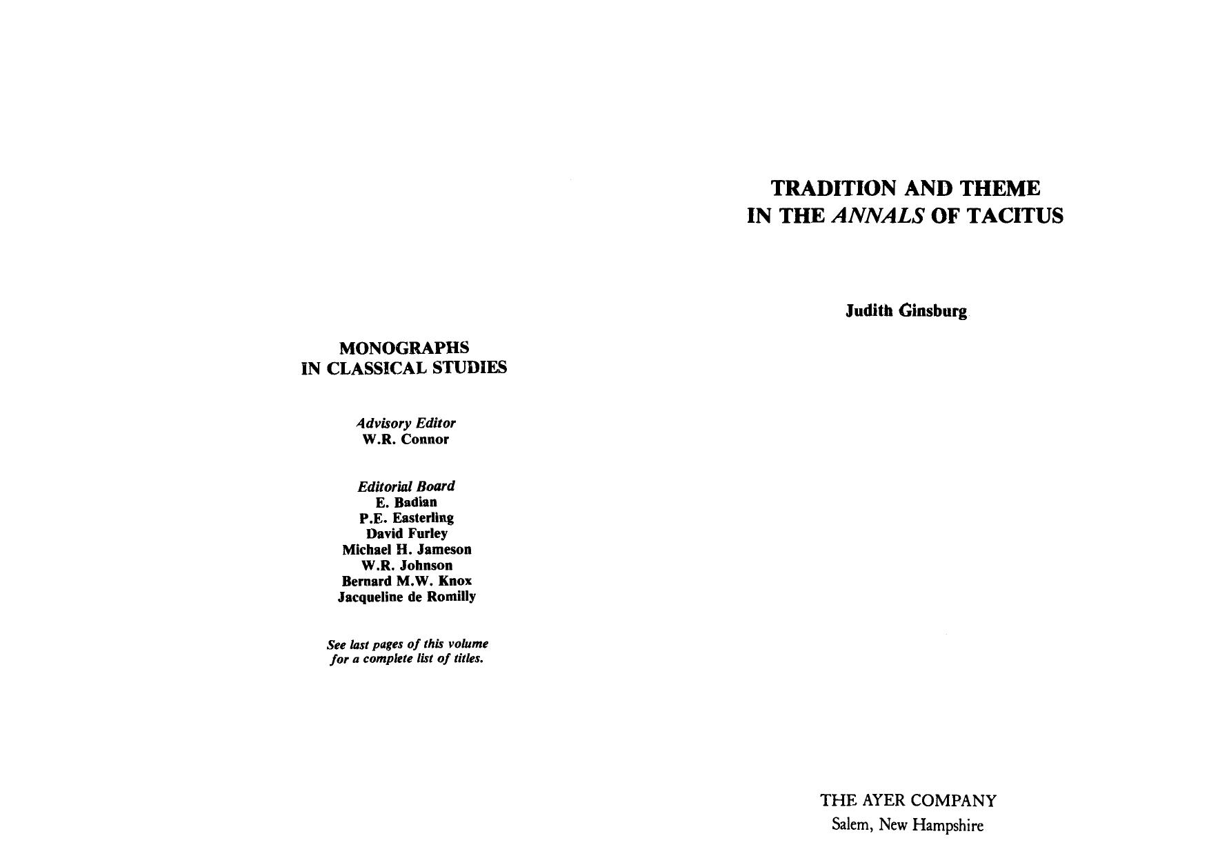 Tradition and Theme in the Annals of Tacitus by Judith Ginsburg