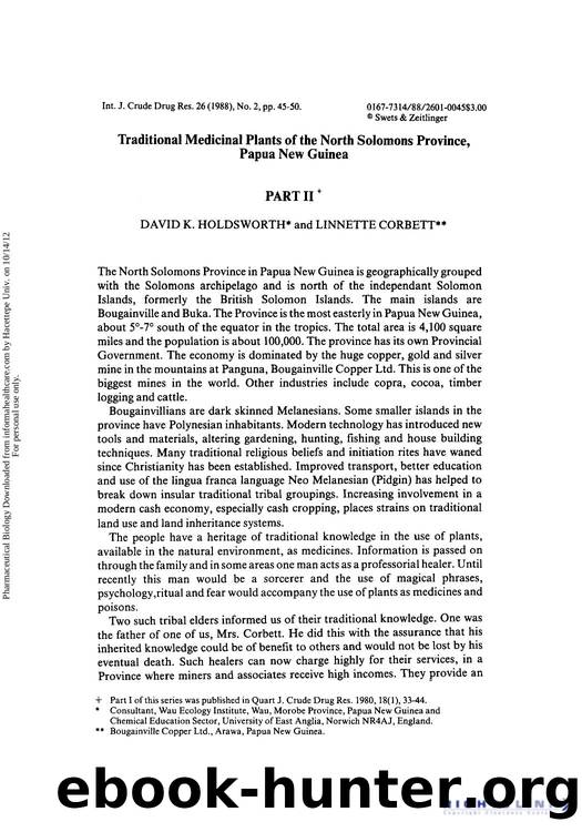 Traditional Medicinal Plants of the North Solomons Province, Papua New Guinea Part II by David K. Holdsworth & Linnette Corbett