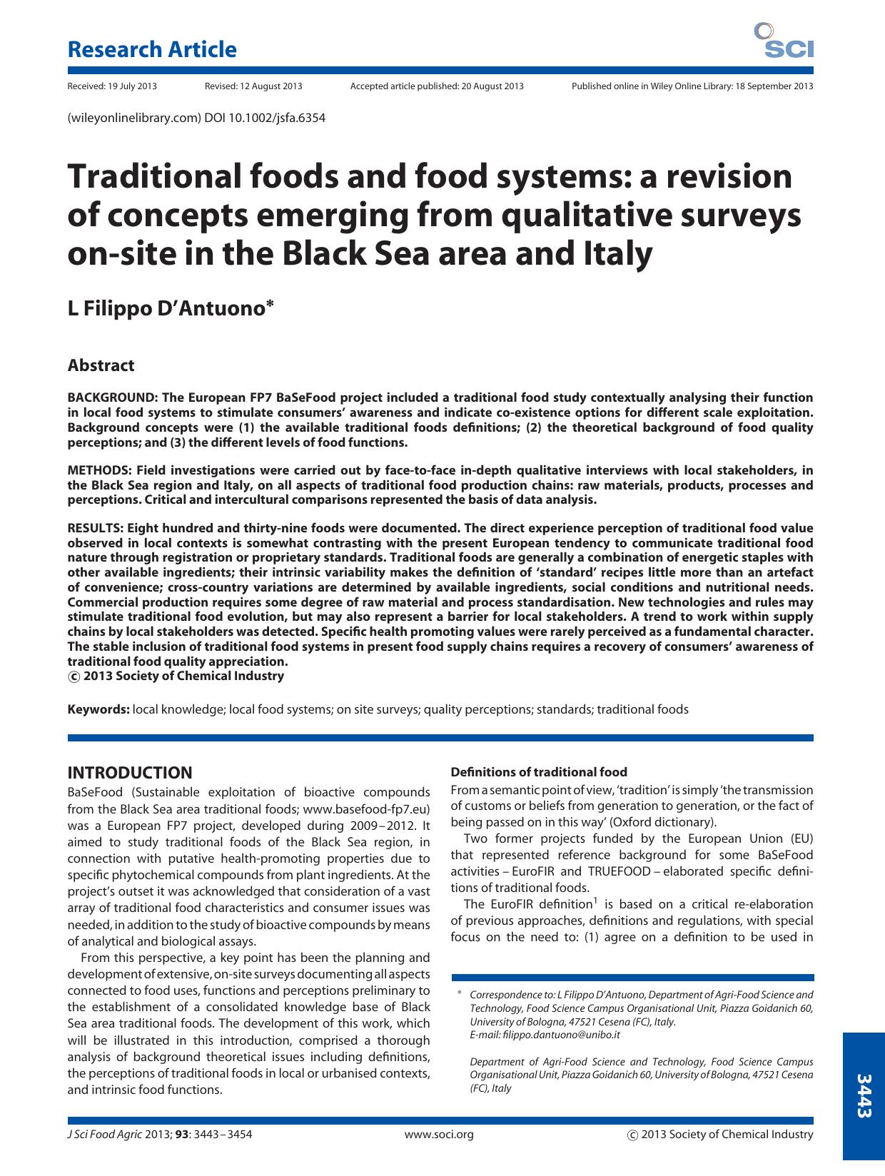 Traditional foods and food systems: a revision of concepts emerging from qualitative surveys onsite in the Black Sea area and Italy by Unknown