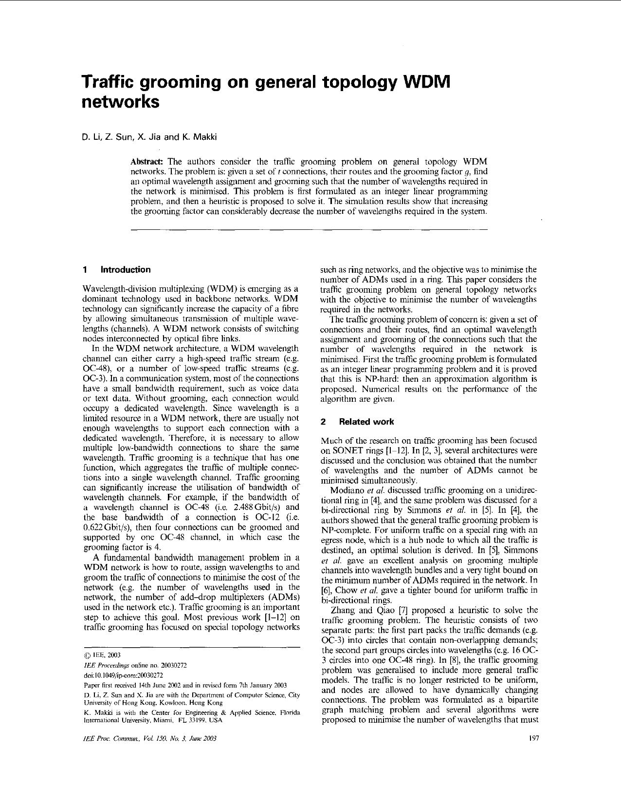 Traffic grooming on general topology WDM networks - Communications, IEE Proceedings- by Unknown